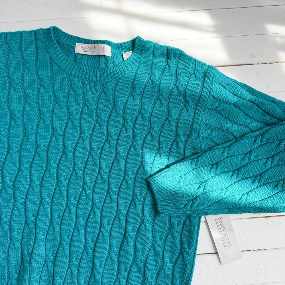 Karen Scott 80s vtg teal‎ cable knit sweater size M